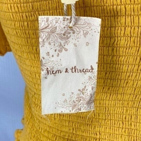 Hem & Thread Crop Top Womens Size Medium Yellow Short Puff Sleeves Blouse New - Picture 6 of 9